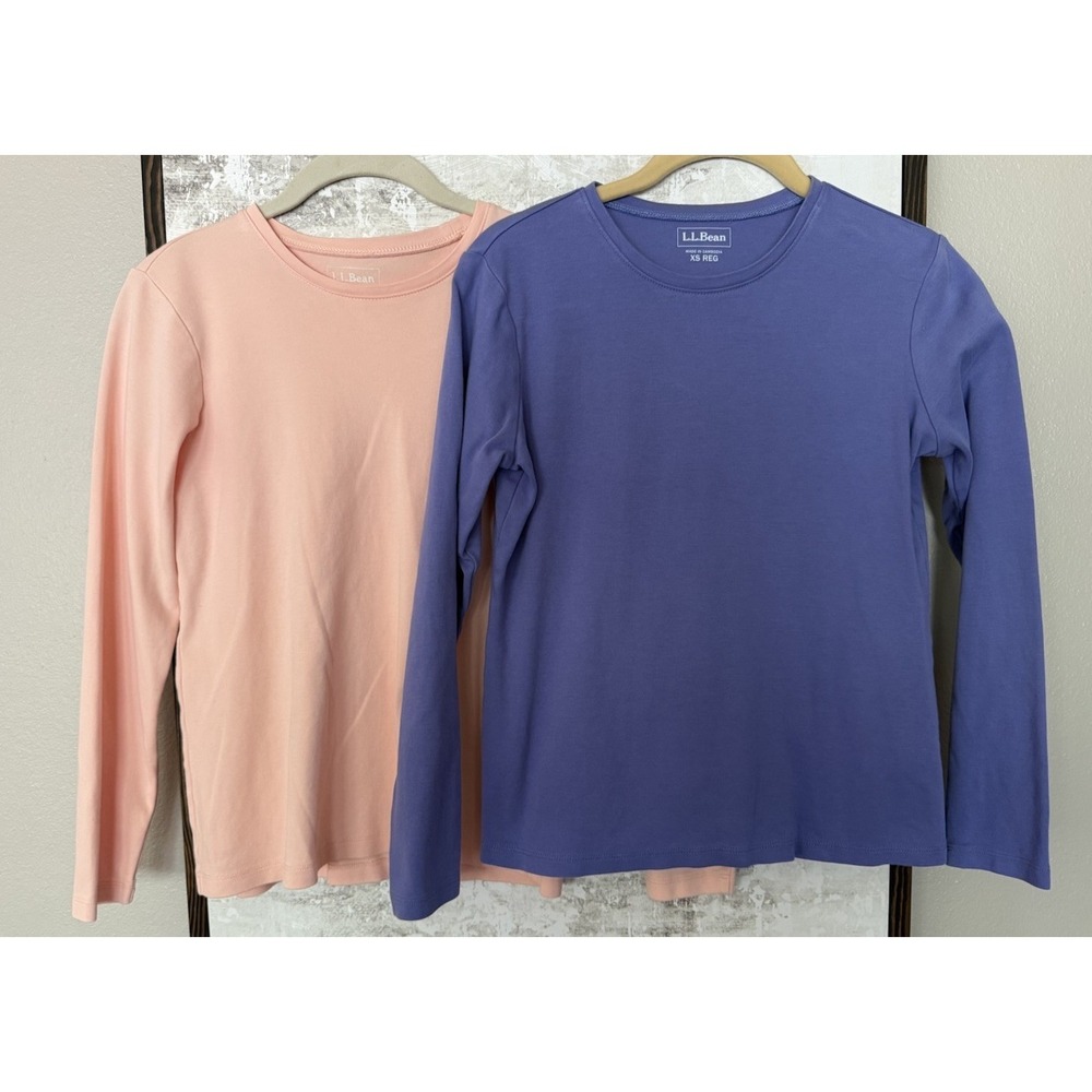 L.L. Bean Womens XS Reg 100% Cotton Long Sleeve Crewneck T-Shirts Peach & Blue